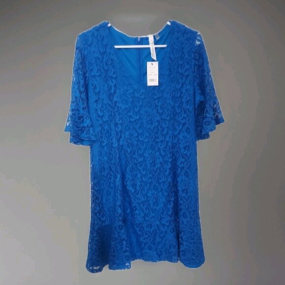 NY Collection Petite Lace Fit & Flare Dress Blue Floral Women's Dress PL NWT $65 - Picture 1 of 10